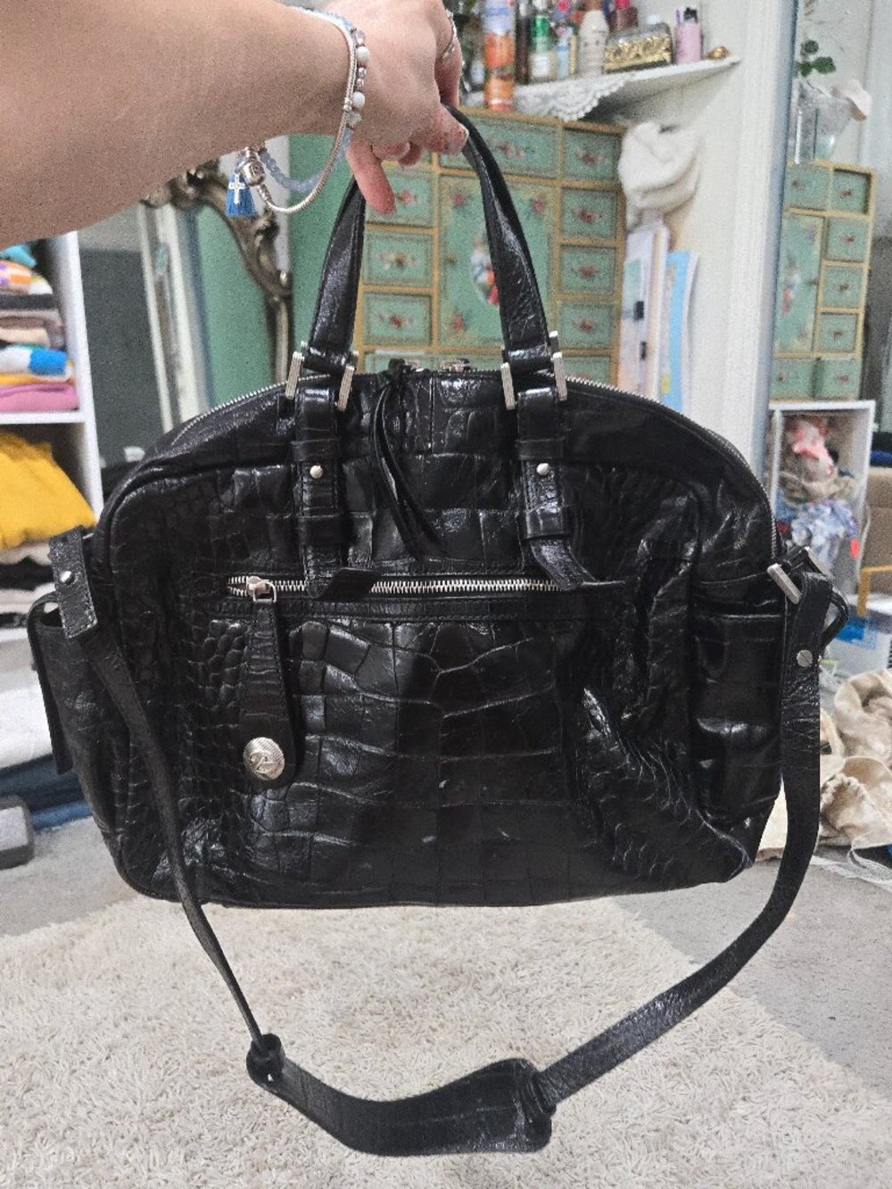 FRANCESCO BIASIA Croc Leather Embossed Black Renee Bag Messenger Business Tote
